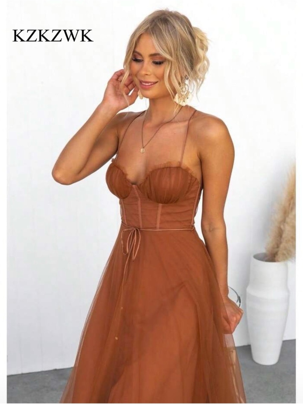 SHEIN Rust Brown Strapless Tulle Bustier Gown